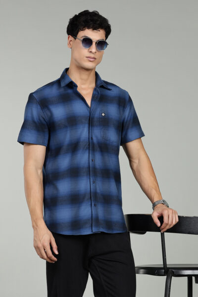 Men’s Premium Twill Checked Short Sleeve Cotton Shirt – Denim Blue
