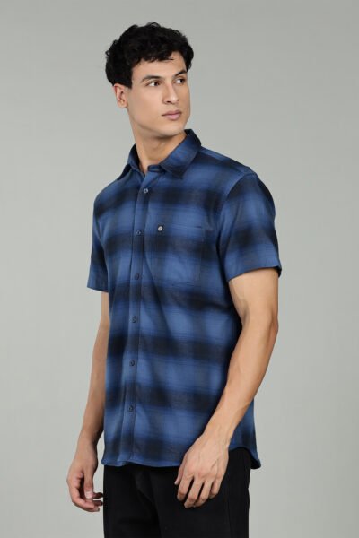 Men’s Premium Twill Checked Short Sleeve Cotton Shirt – Denim Blue - DENIM BLUE, XXL