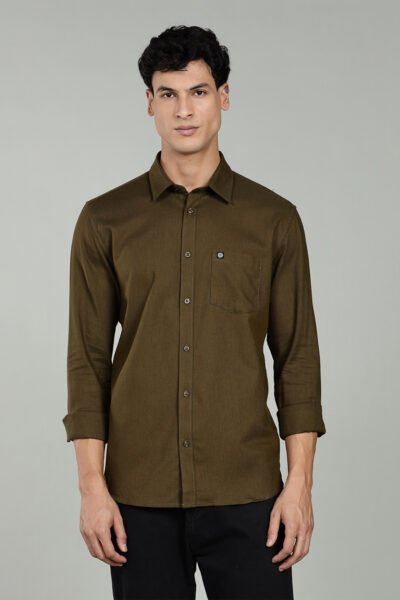Men’s 100% Cotton Chambray Long Sleeve Shirt with Logo Detail – Olive - OLIVE CHAMBREY, XXL