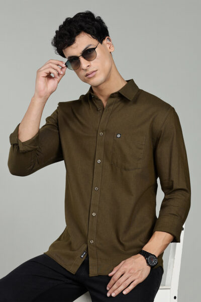 Men’s 100% Cotton Chambray Long Sleeve Shirt with Logo Detail – Olive