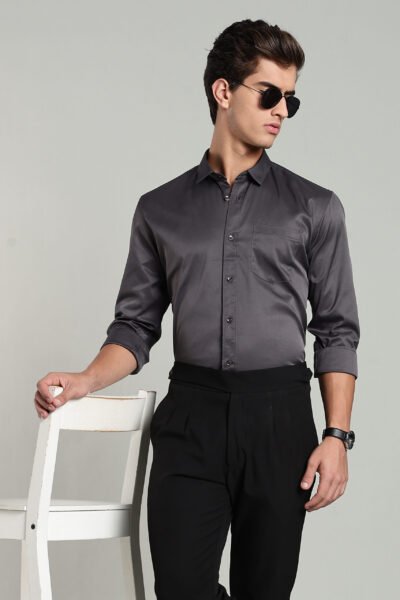 Men’s Satin-Finish Solid Long Sleeve Shirt with Logo Detail – Stone Blue, Light Grey & Dark Grey - DARK GREY, XXL