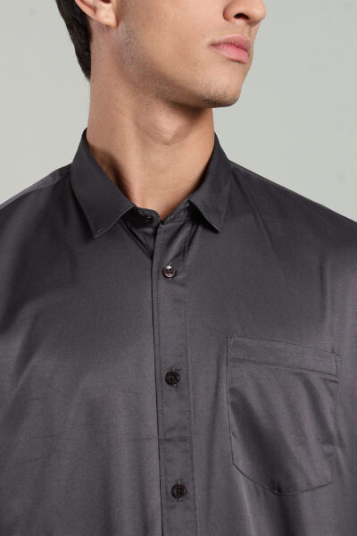 Men’s Satin-Finish Solid Long Sleeve Shirt with Logo Detail – Stone Blue, Light Grey & Dark Grey - DARK GREY, XXL