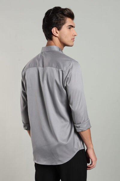 Men’s Satin-Finish Solid Long Sleeve Shirt with Logo Detail – Stone Blue, Light Grey & Dark Grey - LIGHT GREY, XL