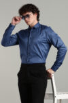 Men’s Satin-Finish Solid Long Sleeve Shirt with Logo Detail – Stone Blue, Light Grey & Dark Grey