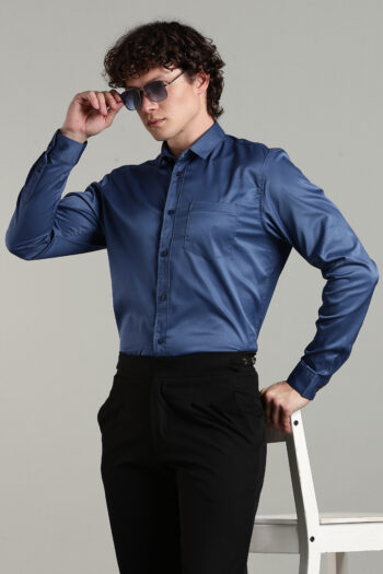 Men’s Satin-Finish Solid Long Sleeve Shirt with Logo Detail – Stone Blue, Light Grey & Dark Grey