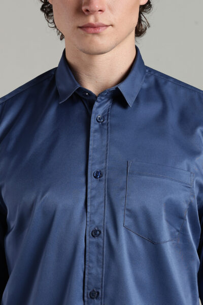 Men’s Satin-Finish Solid Long Sleeve Shirt with Logo Detail – Stone Blue, Light Grey & Dark Grey - STONE BLUE, XXL