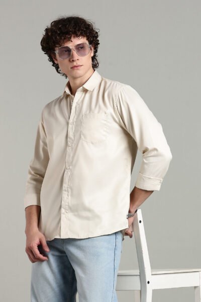 Men’s Cotton-Rich Twill Solid Long Sleeve Shirt – Violet & Beige - BEIGE, XXL