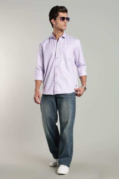 Men’s Cotton-Rich Twill Solid Long Sleeve Shirt – Violet & Beige - VIOLET, XXL