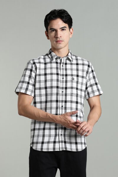 Men’s Premium Cotton Dobby Check Short Sleeve Shirt – Black & White - WHITE, XXL
