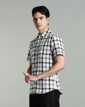 Men’s Premium Cotton Dobby Check Short Sleeve Shirt – Black & White