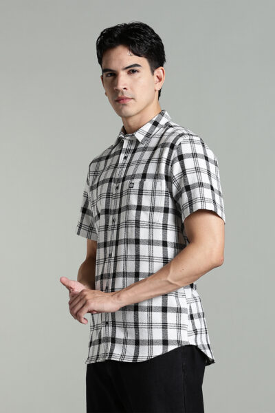 Men’s Premium Cotton Dobby Check Short Sleeve Shirt – Black & White