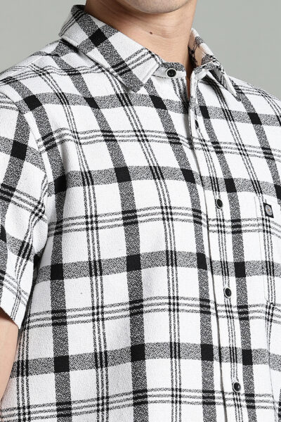 Men’s Premium Cotton Dobby Check Short Sleeve Shirt – Black & White - WHITE, XXL