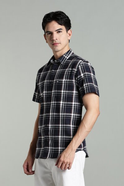 Men’s 100% Cotton Dobby Checked Short Sleeve Shirt – Black & White - BLACK, XXL