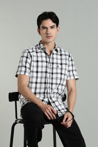 Men’s 100% Cotton Dobby Checked Short Sleeve Shirt – Black & White