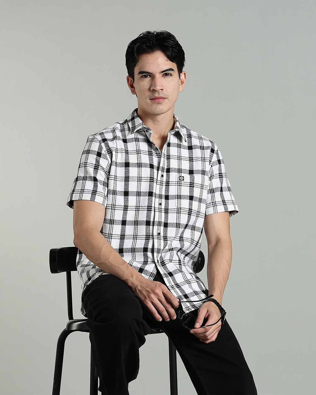 Men’s 100% Cotton Dobby Checked Short Sleeve Shirt – Black & White