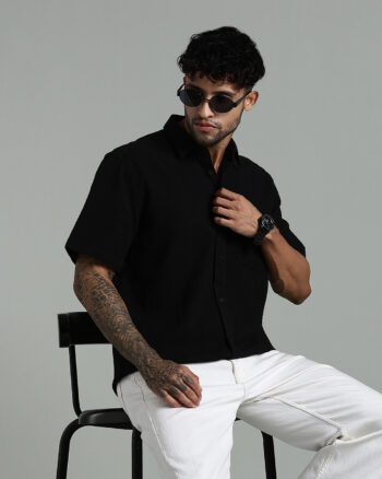 Men’s 100% Cotton Seersucker Short Sleeve Shirt – Black