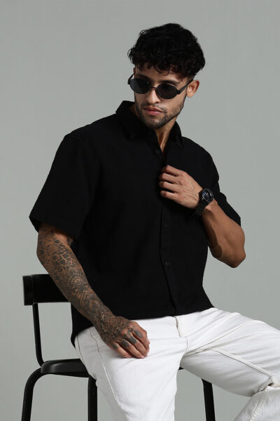 Men’s 100% Cotton Seersucker Short Sleeve Shirt – Black