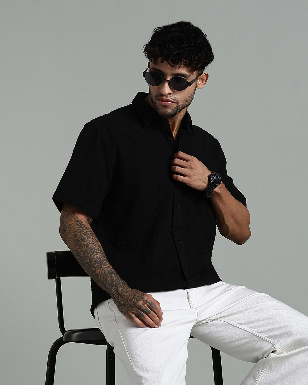 Men’s 100% Cotton Seersucker Short Sleeve Shirt – Black