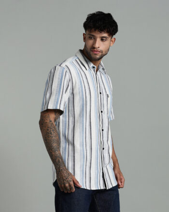 Men’s Premium Vertical Stripe Cotton Short Sleeve Shirt – Blue | White