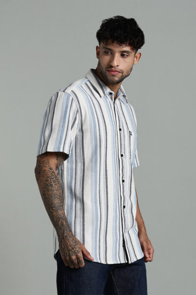 Men’s Premium Vertical Stripe Cotton Short Sleeve Shirt – Blue | White