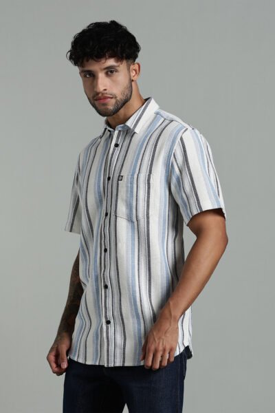 Men’s Premium Vertical Stripe Cotton Short Sleeve Shirt – Blue | White - WHITE, XXL