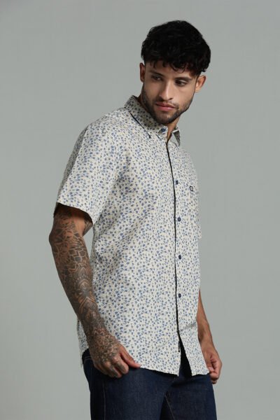 Men’s Premium All-Over Printed Cotton Short Sleeve Shirt – Ecru - ECRU, XXL