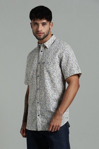 Men’s Premium All-Over Printed Cotton Short Sleeve Shirt – Ecru