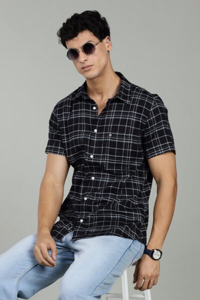 Men’s Fine Checked Cotton Short Sleeve Shirt – Navy - NAVY, XXL