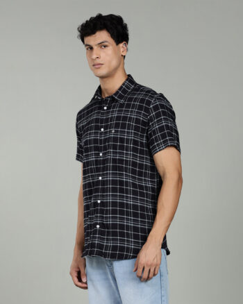 Men’s Fine Checked Cotton Short Sleeve Shirt – Navy