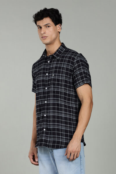 Men’s Fine Checked Cotton Short Sleeve Shirt – Navy