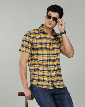 Men’s Premium Cotton Checked Short Sleeve Shirt – Mustard