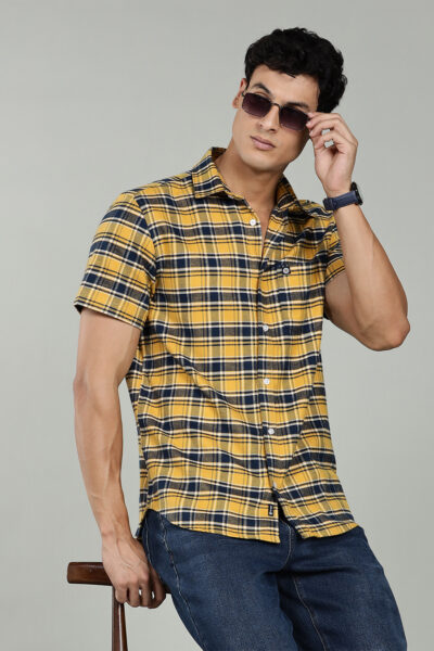 Men’s Premium Cotton Checked Short Sleeve Shirt – Mustard