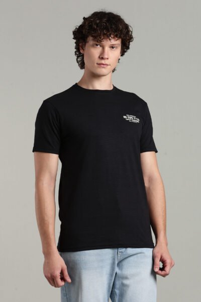 Men’s Cotton-Rich Printed Round Neck T-Shirt with HD Chest & Back Print – Black & Sea Shell - BLACK, XXL