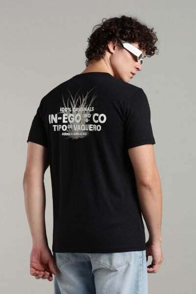 Men’s Cotton-Rich Printed Round Neck T-Shirt with HD Chest & Back Print – Black & Oil Green - BLACK, XXL