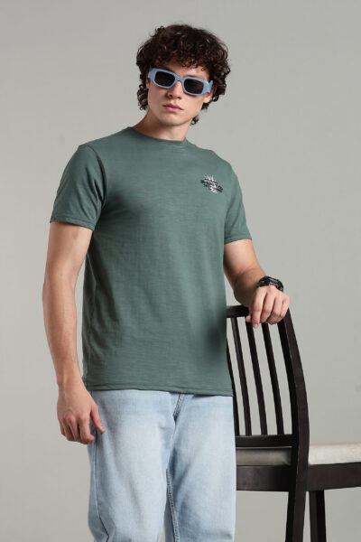 Men’s Cotton-Rich Printed Round Neck T-Shirt with HD Chest & Back Print – Black & Oil Green