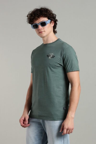 Men’s Cotton-Rich Printed Round Neck T-Shirt with HD Chest & Back Print – Black & Oil Green - OLIVE, XXL