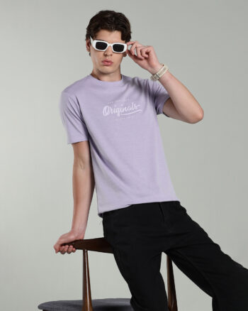 Men’s Cotton-Rich Printed Round Neck T-Shirt with HD Chest Print – Lavender & Dark Grey
