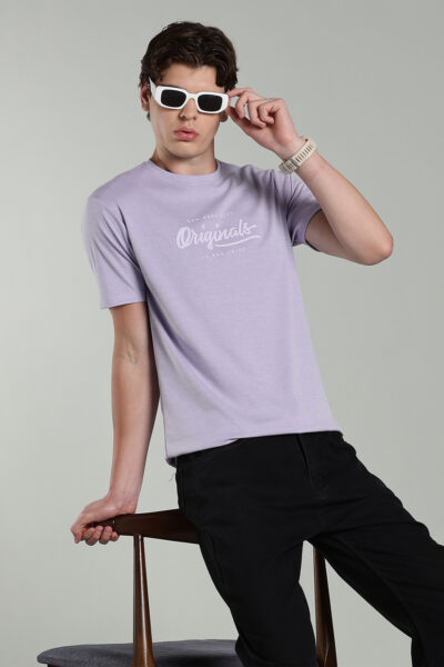 Men’s Cotton-Rich Printed Round Neck T-Shirt with HD Chest Print – Lavender & Dark Grey