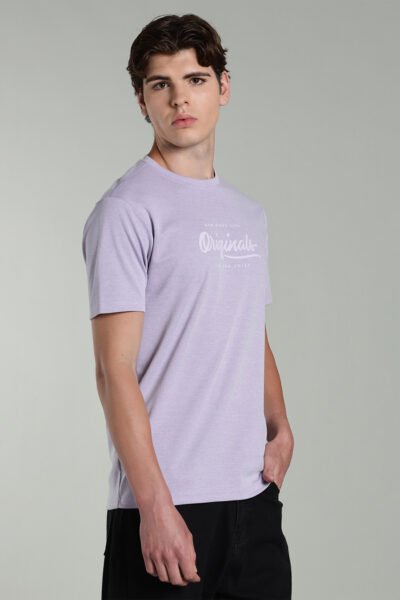 Men’s Cotton-Rich Printed Round Neck T-Shirt with HD Chest Print – Lavender & Dark Grey - LAVENDER, XXL