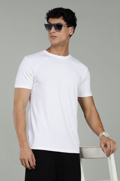 Men’s Active Wear Round Neck T-Shirt with HD Chest Badge – Multiple Colours - WHITE, L