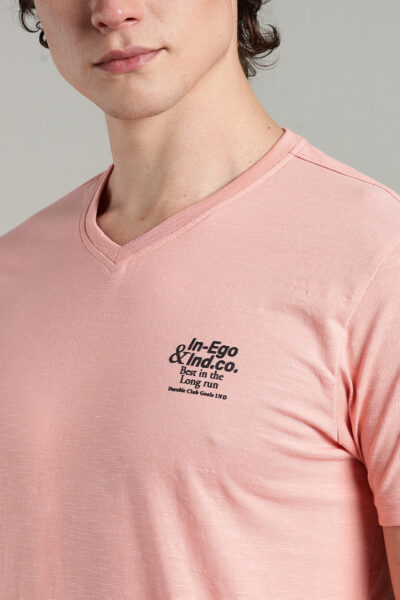 Men’s Cotton-Rich Slub V-Neck T-Shirt with HD Chest Print – Seashell & Light Coral - FIERY CORAL, XXL