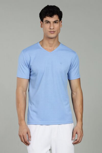 Men’s Active Wear V-Neck T-Shirt with HD Chest Print – Multiple Colours - SKY BLUE, XXL