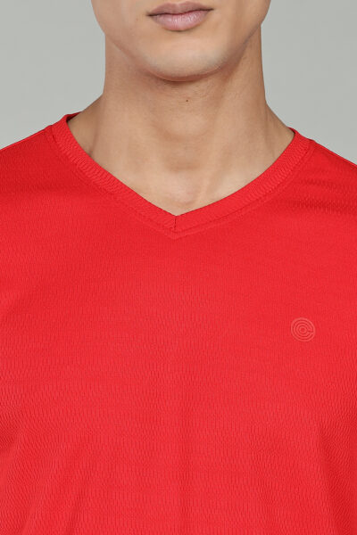Men’s Active Wear V-Neck T-Shirt with HD Chest Print – Multiple Colours - RED, L