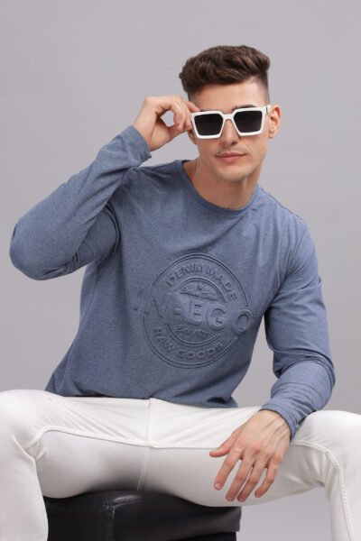 Men’s Melange Long Sleeve Tee with Embossed Chest Print – Multi-Colour Edition - ORION BLUE, XXL