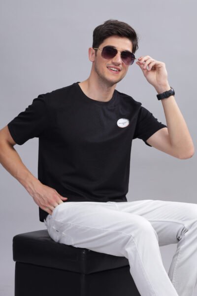 Men’s Corduroy-Texture Solid Tee with HD Chest Logo – Multi-Colour Edition - BLACK, L