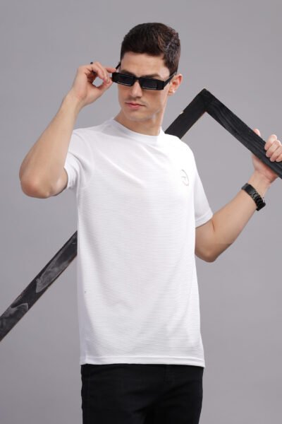 Men’s Corduroy-Texture Solid Tee with HD Chest Logo – Multi-Colour Edition - WHITE, XXL