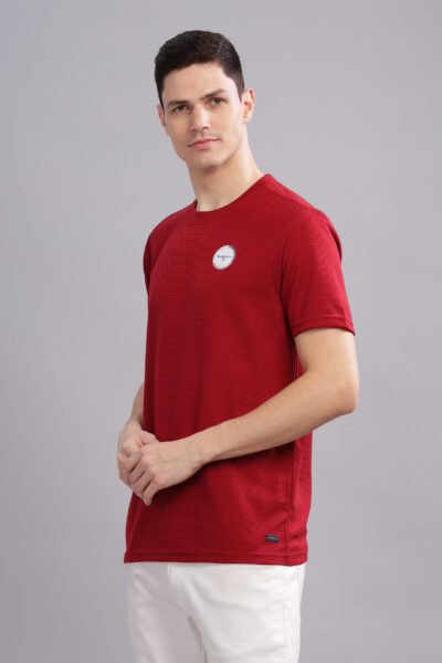 Men’s Corduroy-Texture Solid Tee with HD Chest Logo – Multi-Colour Edition - MERLOT, L