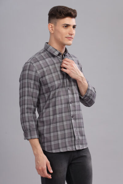 Men’s Yard-Dyed Grey Checked Long Sleeve Shirt