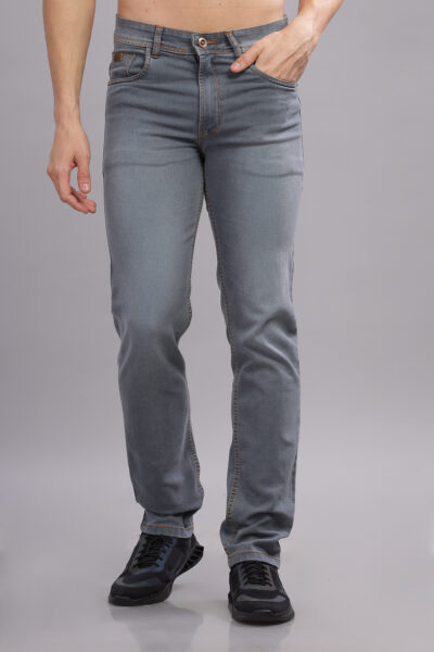 Men’s Washed Grey Denim Pant with Leather Patch Detail