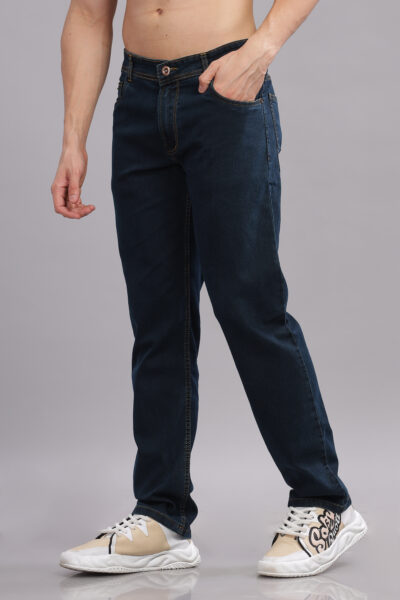 Men’s Washed Dark Blue Denim Pant with Leather Patch Detail - DARK BLUE, M